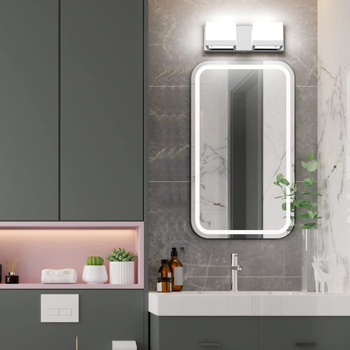 Modern Chrome LED Vanity Light 2-Light Wall Fixture for Bathroom
