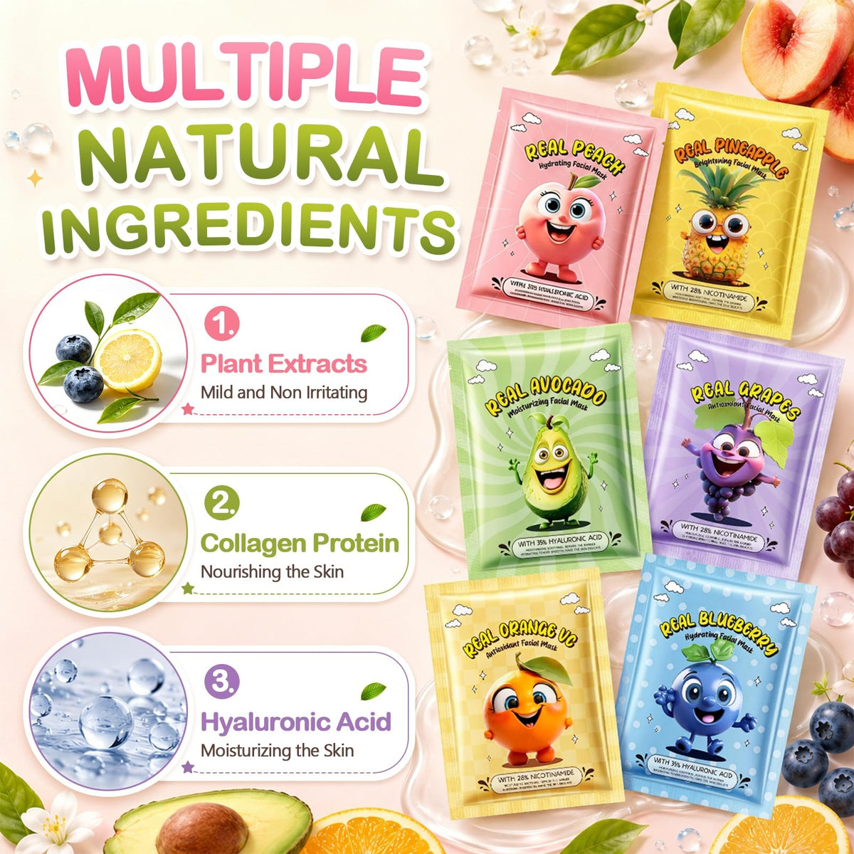 75-Pack Collagen Face Masks - 15 Fruit Flavors