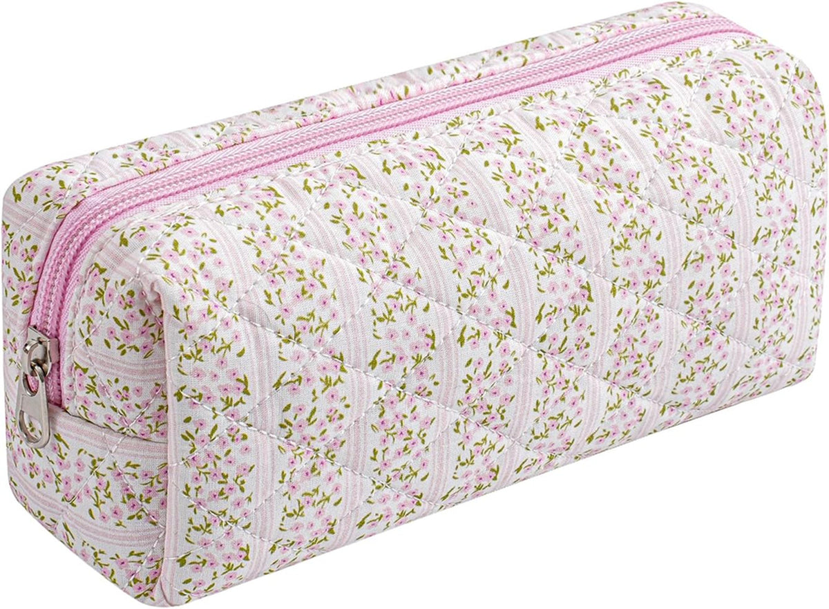 Pink Floral Cotton Makeup Bag with Brush Organizer Travel Case