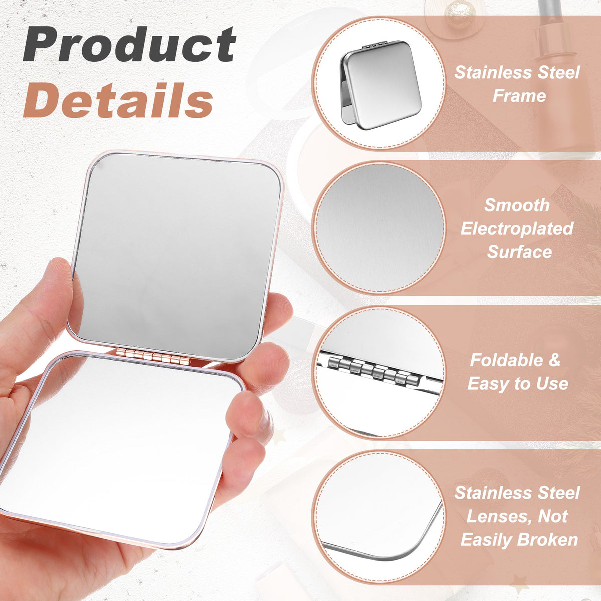Small Stainless Steel Compact Pocket Mirror Square Silver for Travel & Makeup