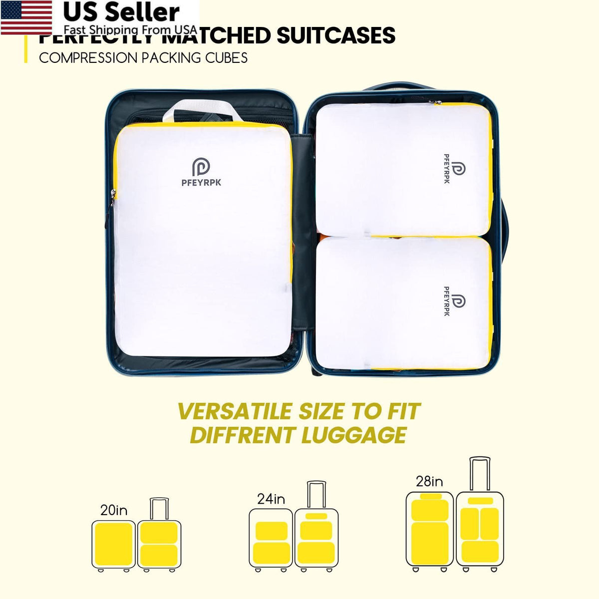 Lightweight Compression Packing Cubes Set - 7 Pieces, Travel Organizer, Waterproof Nylon