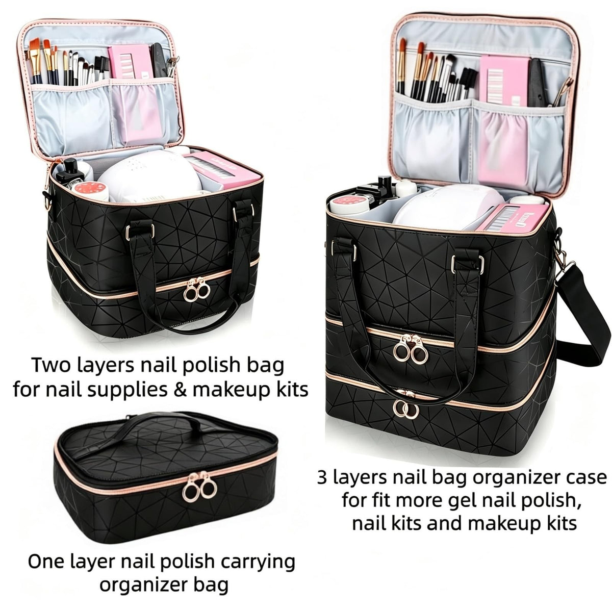 Nail Polish Organizer Bag for 84 Bottles & Lamp, 3-Layer Portable Storage Case
