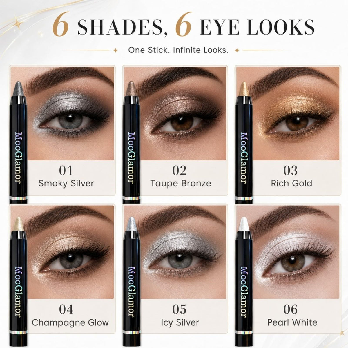 6 Pack Eyeshadow Stick Set with Shimmer and Waterproof Formula