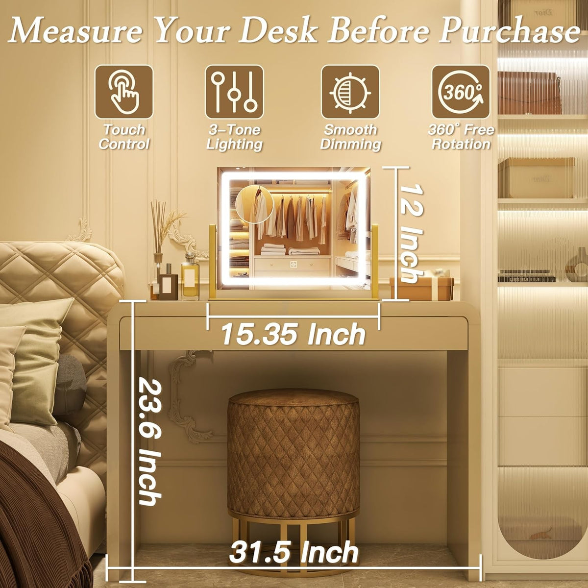 12x16 LED Lighted Makeup Mirror with Dimmable Brightness & 3 Color Modes