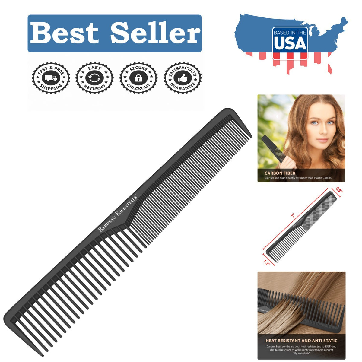 7-Inch Carbon Fiber Anti-Static Styling Comb Heat-Resistant for All Hair Types