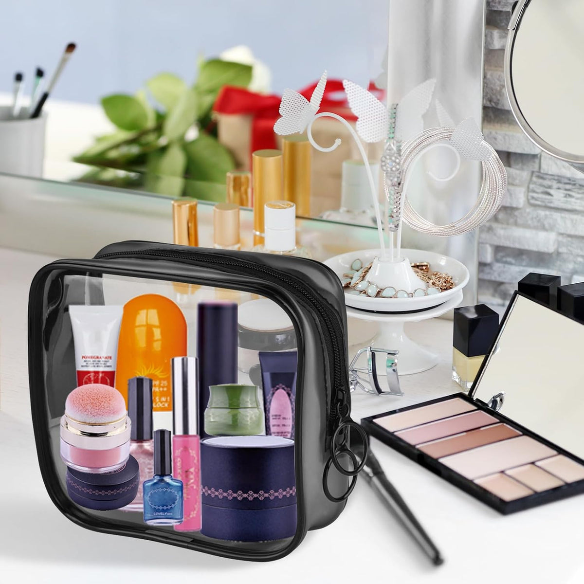 Small Clear Travel Toiletry Bag with Zipper TSA Approved Waterproof Makeup Organizer - Black