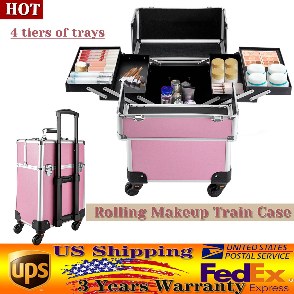 Pink Aluminum Rolling Makeup Train Case with Multiple Compartments