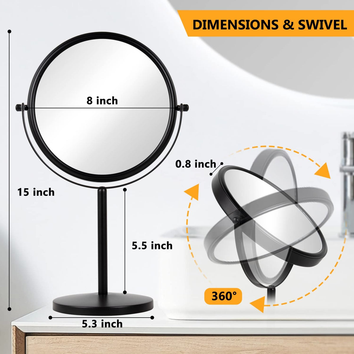 10x Magnifying Tabletop Makeup Mirror - 8 Inch Black, 360° Swivel