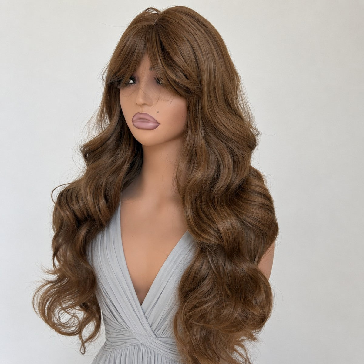 Natural Medium Brown Wavy Cosplay Wig with Bangs - Heat Resistant Synthetic Hair