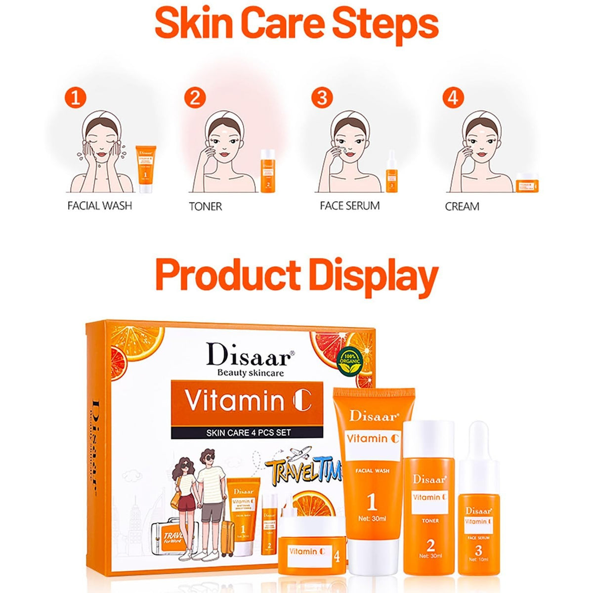 Vitamin C Skin Care Set with Orange Extract - Travel Kit, Brightening & Hydrating - 4 Pieces
