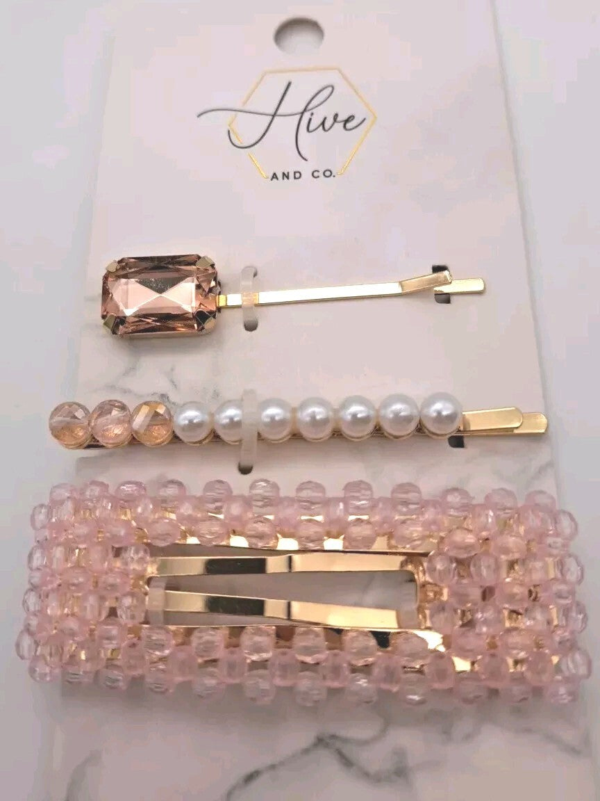 Hive And Co. Pink Beaded Barrette Pearl Bobby Pin Jewel 2 PACKS