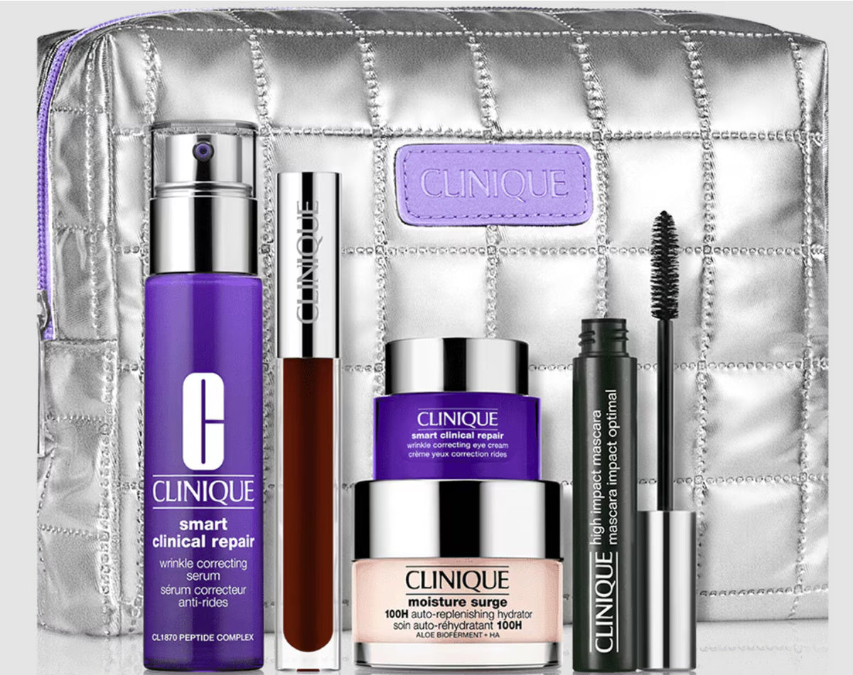 Clinique Skincare & Makeup Gift Set with Moisturizer, Serum, Eye Cream, Mascara, Lip Gloss