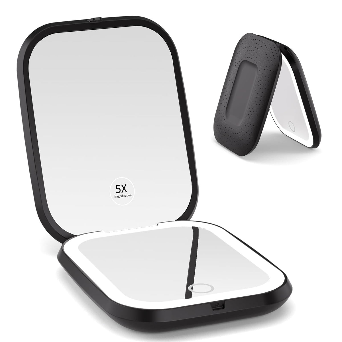 Rechargeable 5X Magnification LED Travel Makeup Mirror Dimmable Black