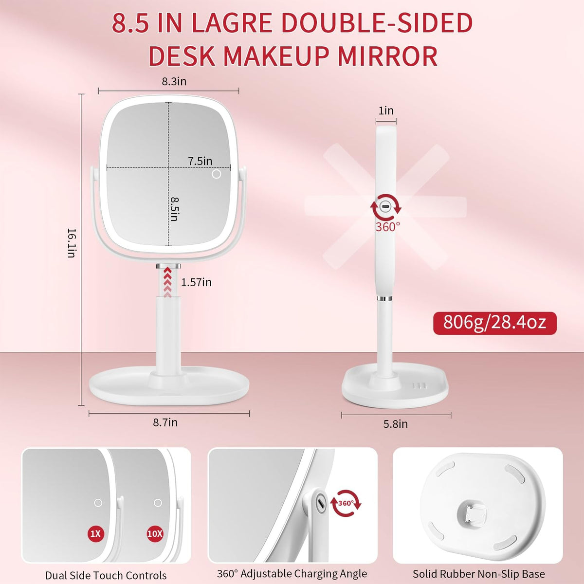 Height Adjustable Lighted Makeup Mirror with 10x Magnification