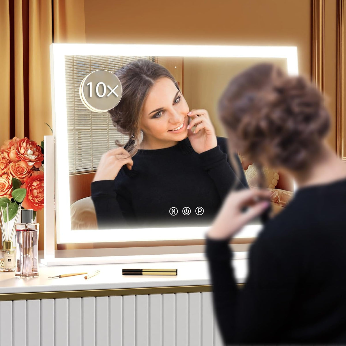 Lighted Makeup Mirror with LED Lights, 17.3x13 Inch Vanity Mirror with Touch Control & Detachable 10X Magnifier