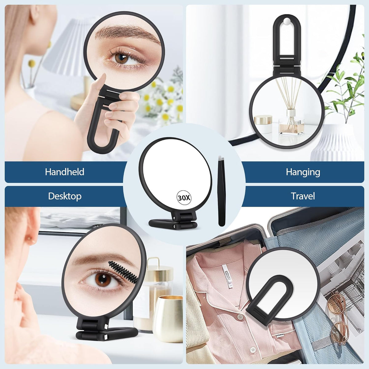 30X Magnifying Hand Mirror with Handle - Double-Sided Travel Makeup Mirror