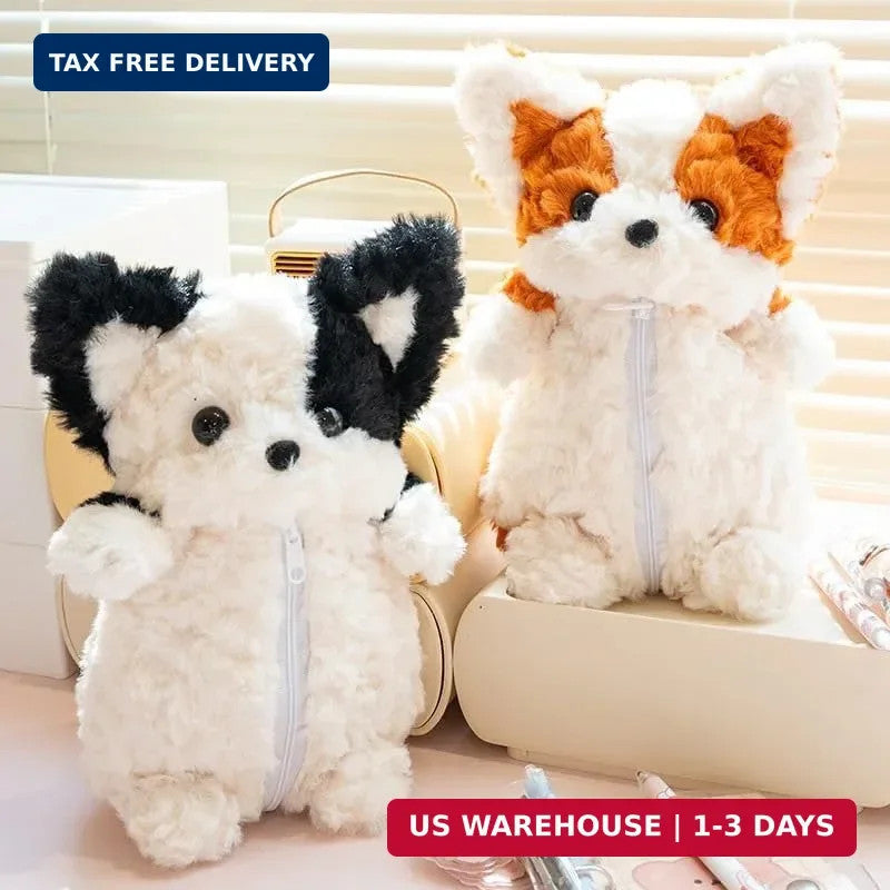 Cute 3D Fuzzy Dog Plush Pencil Case - Animal Organizer for Makeup & Accessories