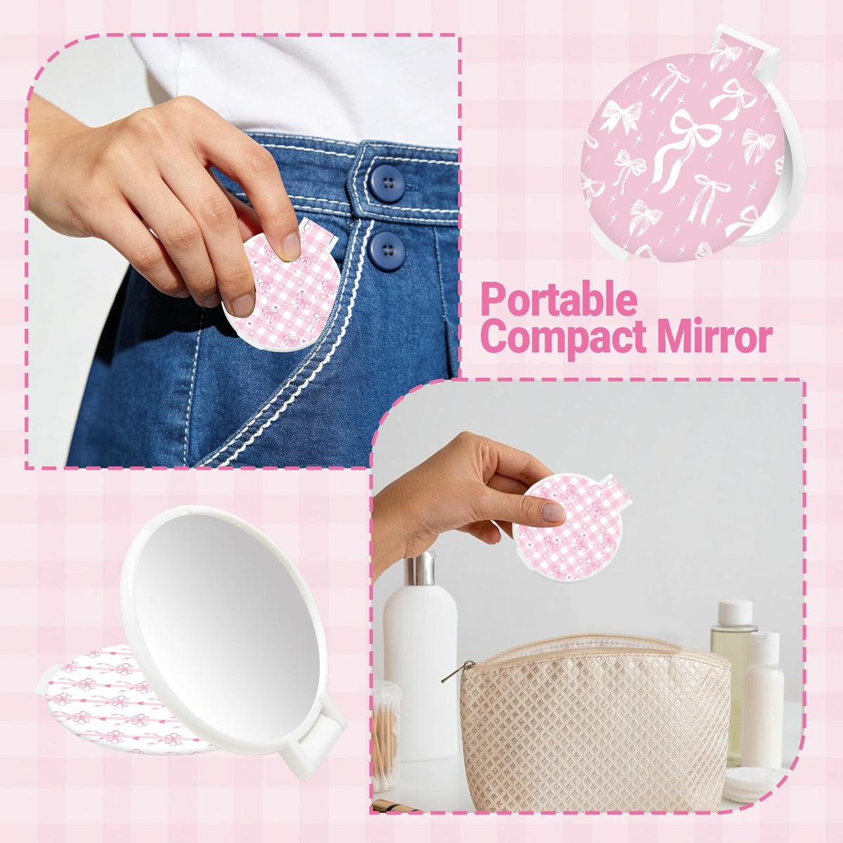 Pink Bow Compact Mirror Set - Small Portable Pocket Makeup Mirrors Bulk 50 pcs