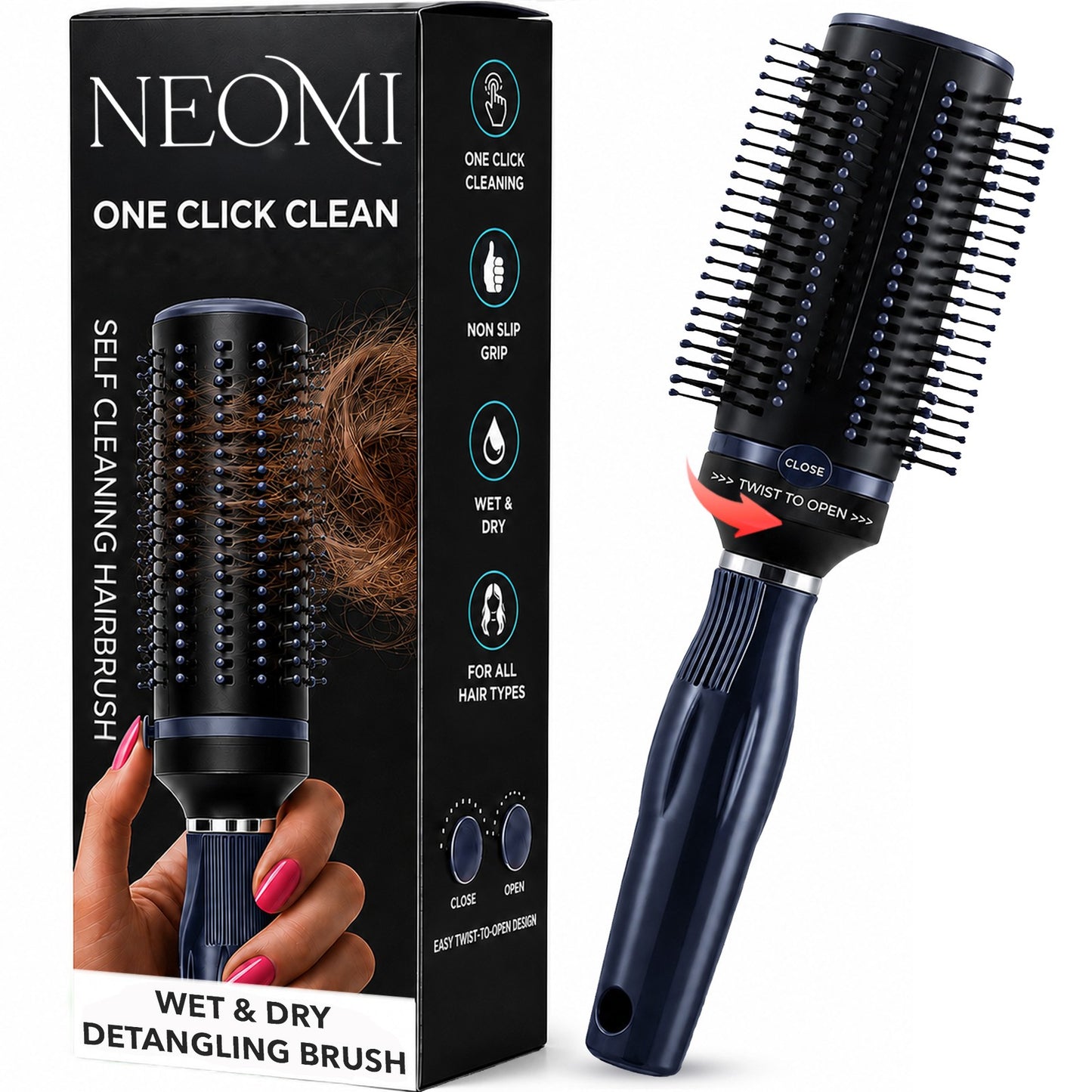 Self-Cleaning Retractable Hair Brush for Women - Navy