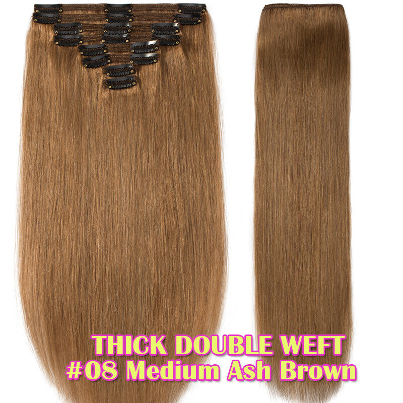 Thick Double Weft Clip-In Human Hair Extensions Full Head - Natural & Straight