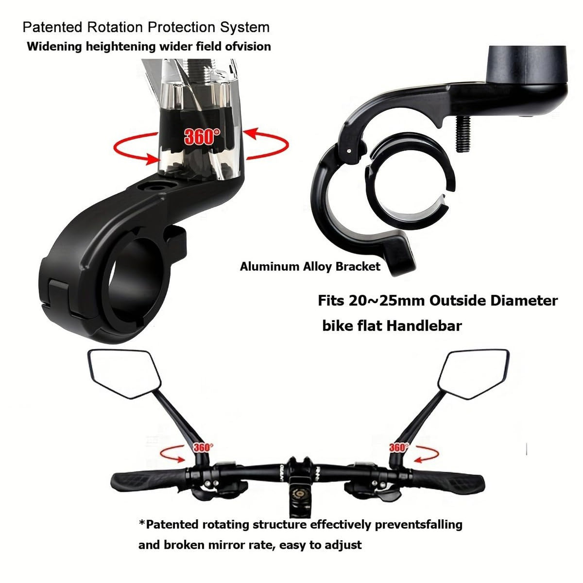 360° Rotatable Bicycle Mirror Handlebar Mount for E-Bikes & Mountain Bikes
