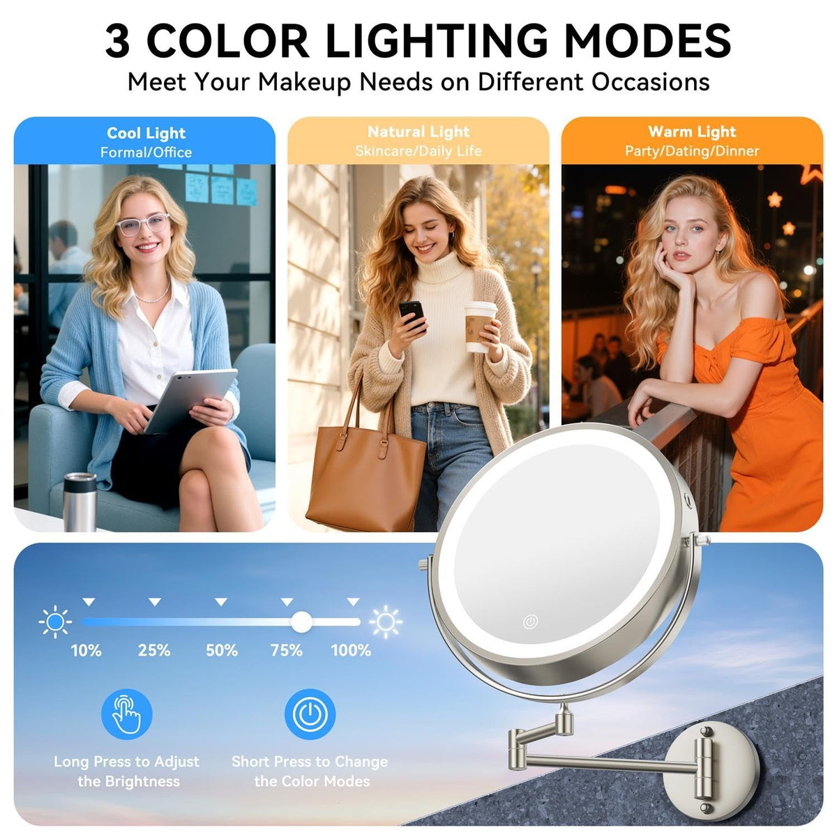 Rechargeable 9-Inch Wall Mounted Lighted Makeup Mirror with 30X Magnification, Dimmable LED, Extendable Arm