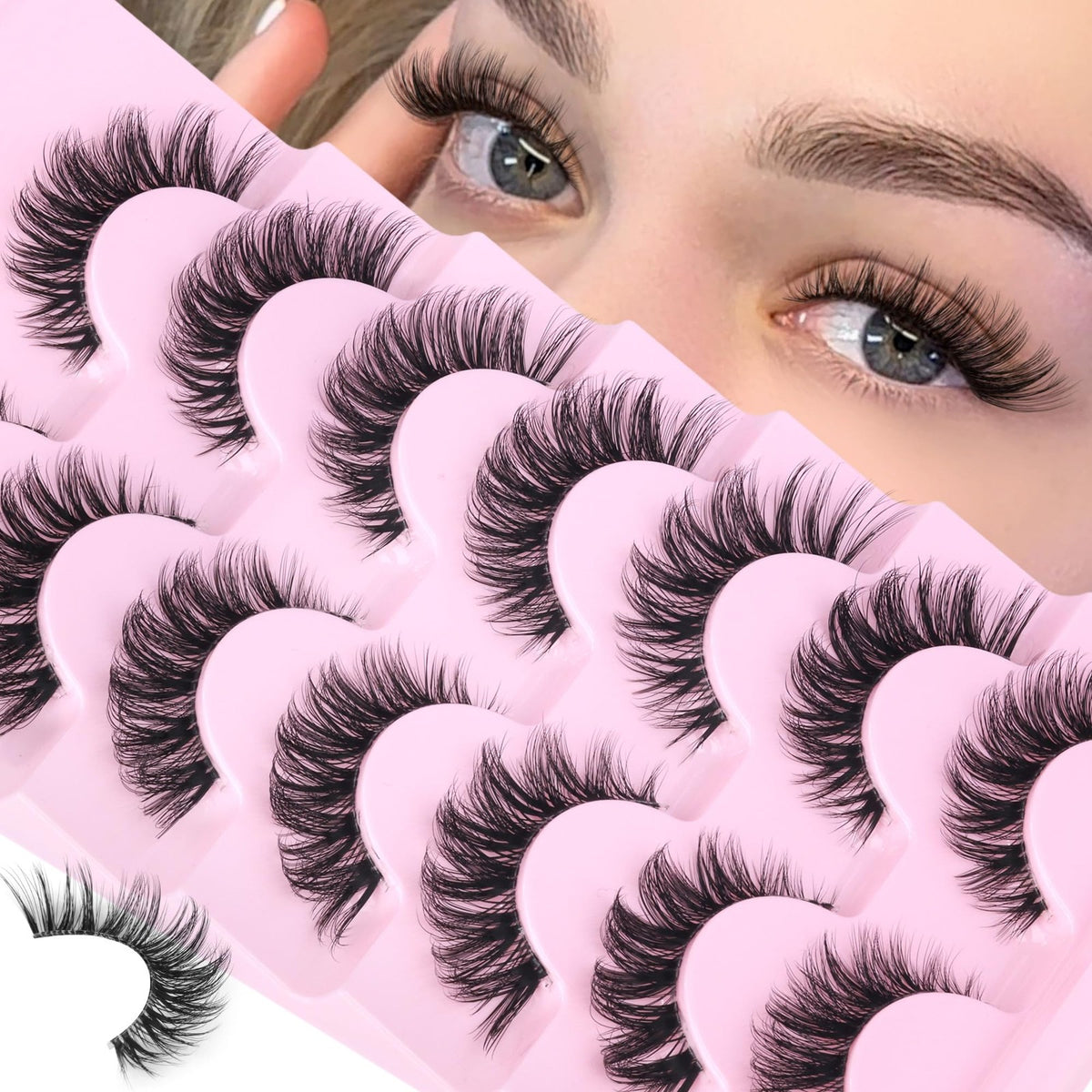 False Eyelashes Wispy Cat Eye Lashes 7 Pairs with Clear Band for Natural Look