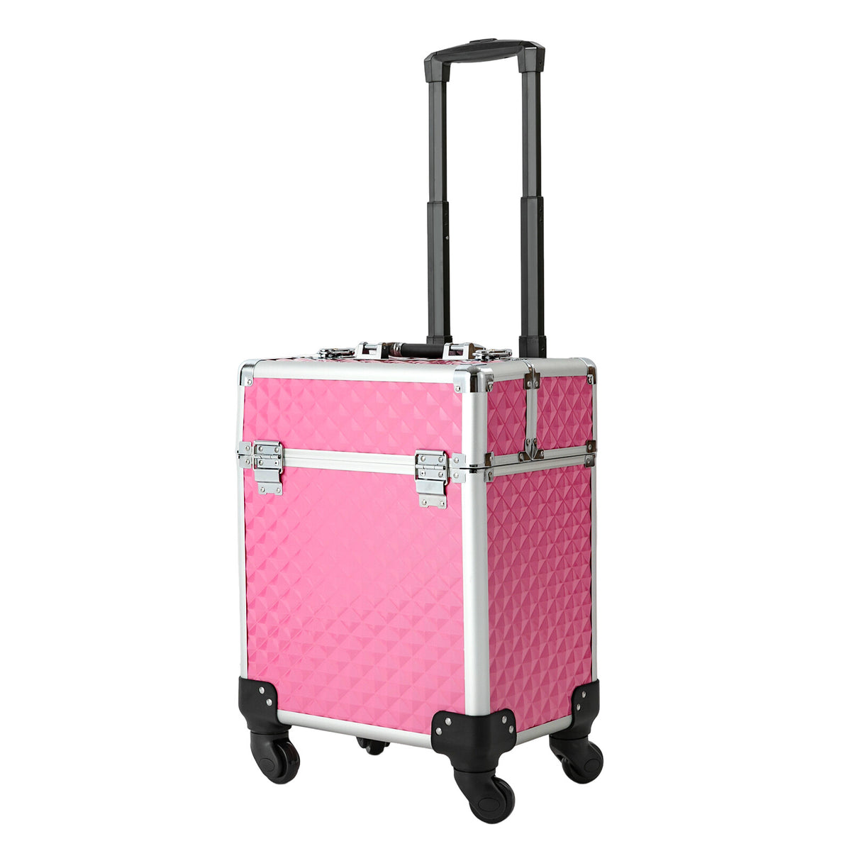 Rolling Aluminum Makeup Train Case with Lock & Wheels, Travel Cosmetic Organizer