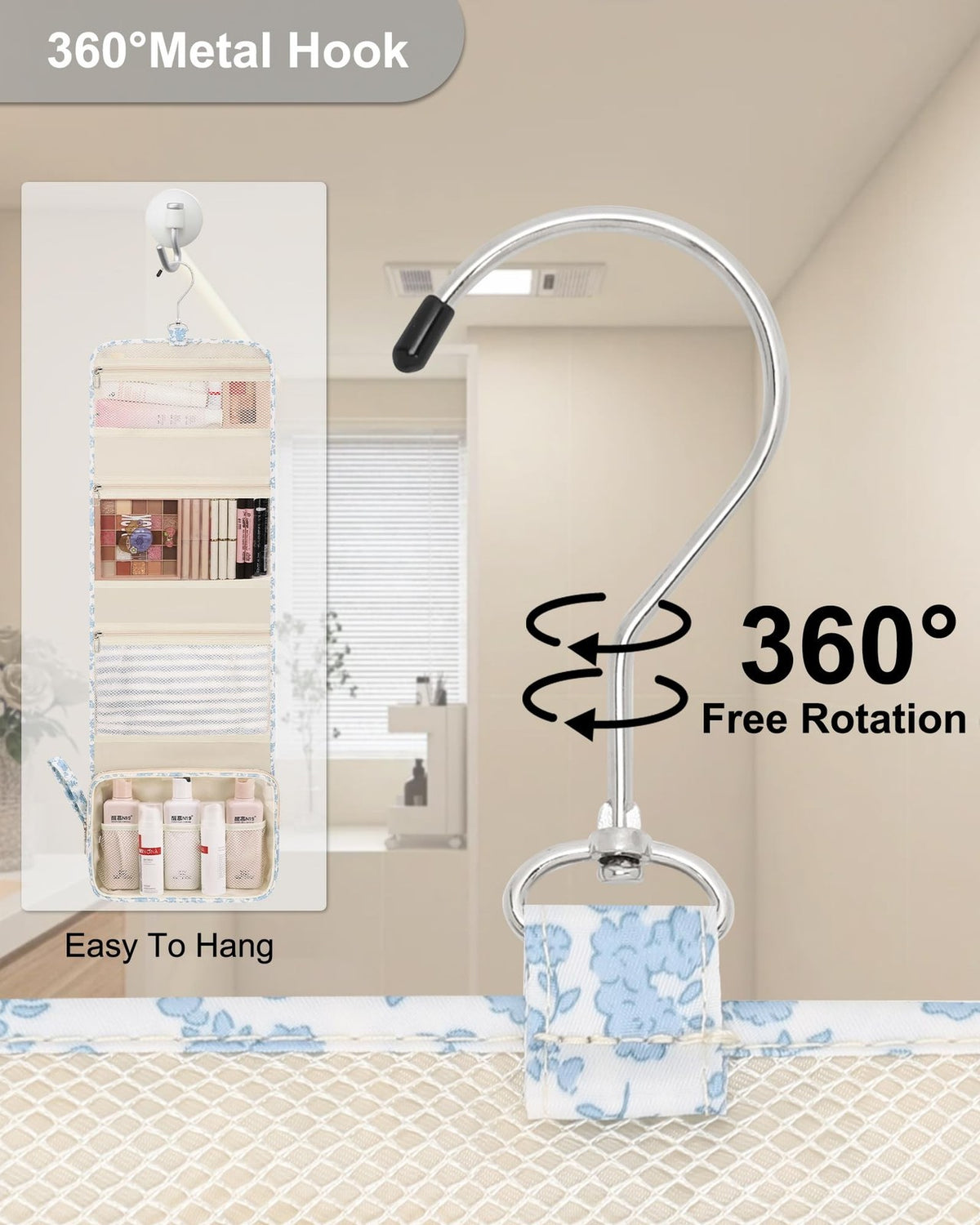 Water Resistant Hanging Toiletry Bag with 360 Degree Swivel Hook - Large Travel Organizer