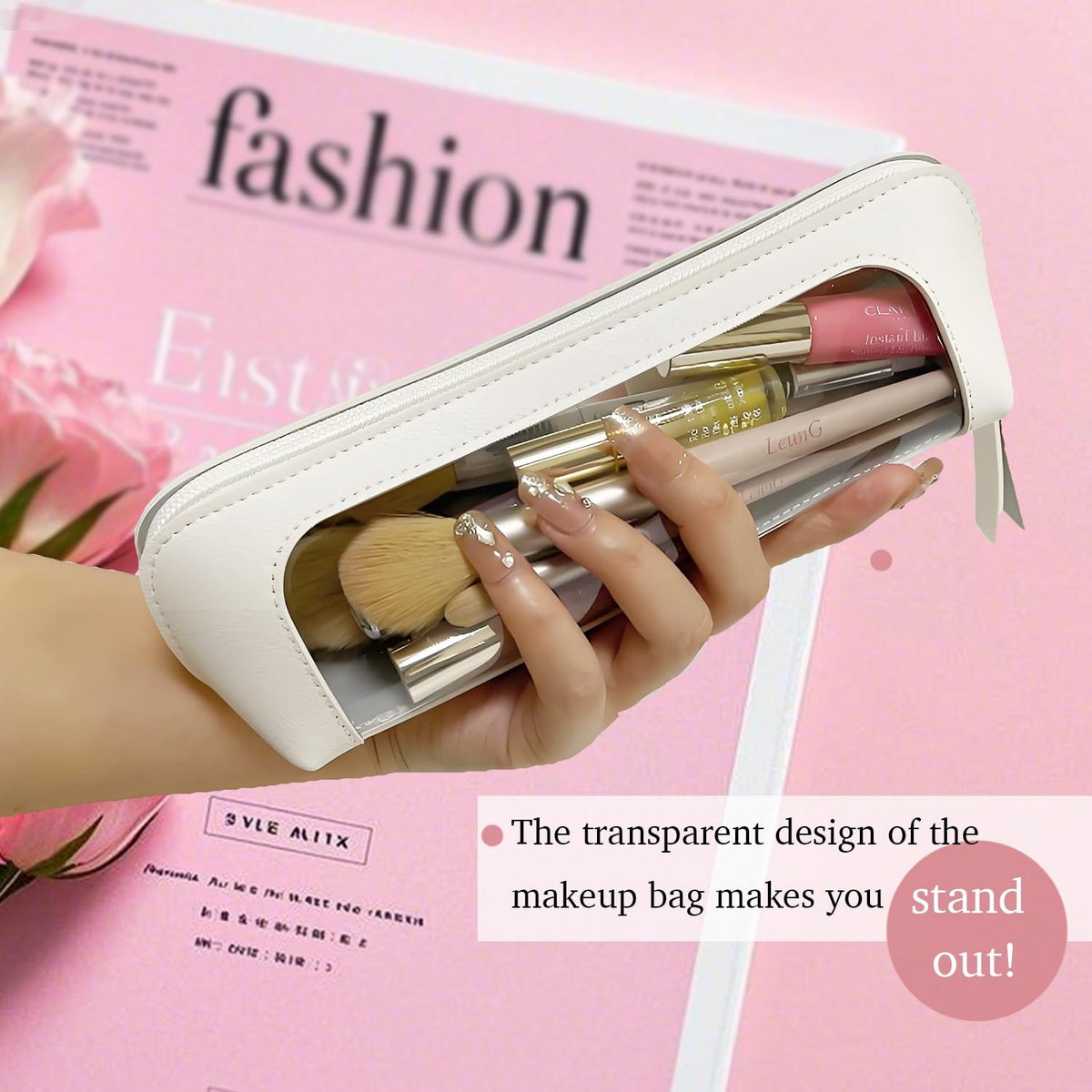 Clear Makeup Brush Case - Leather Travel Organizer with Transparent Window