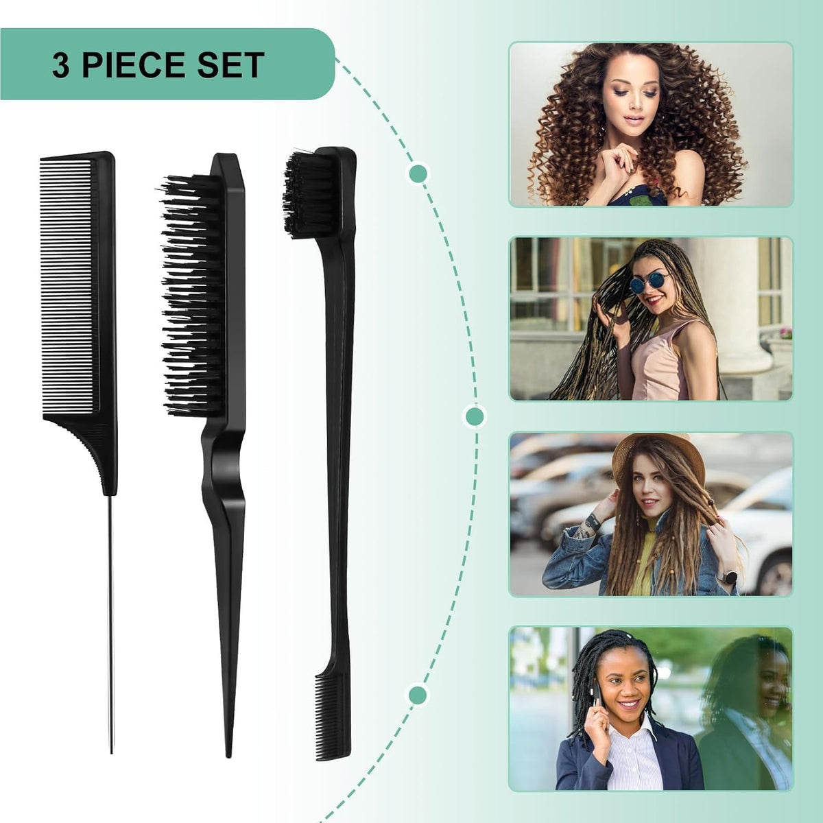 Black Comb Set with Hair Brush, Wide-Tooth Comb & Pick - Styling Kit