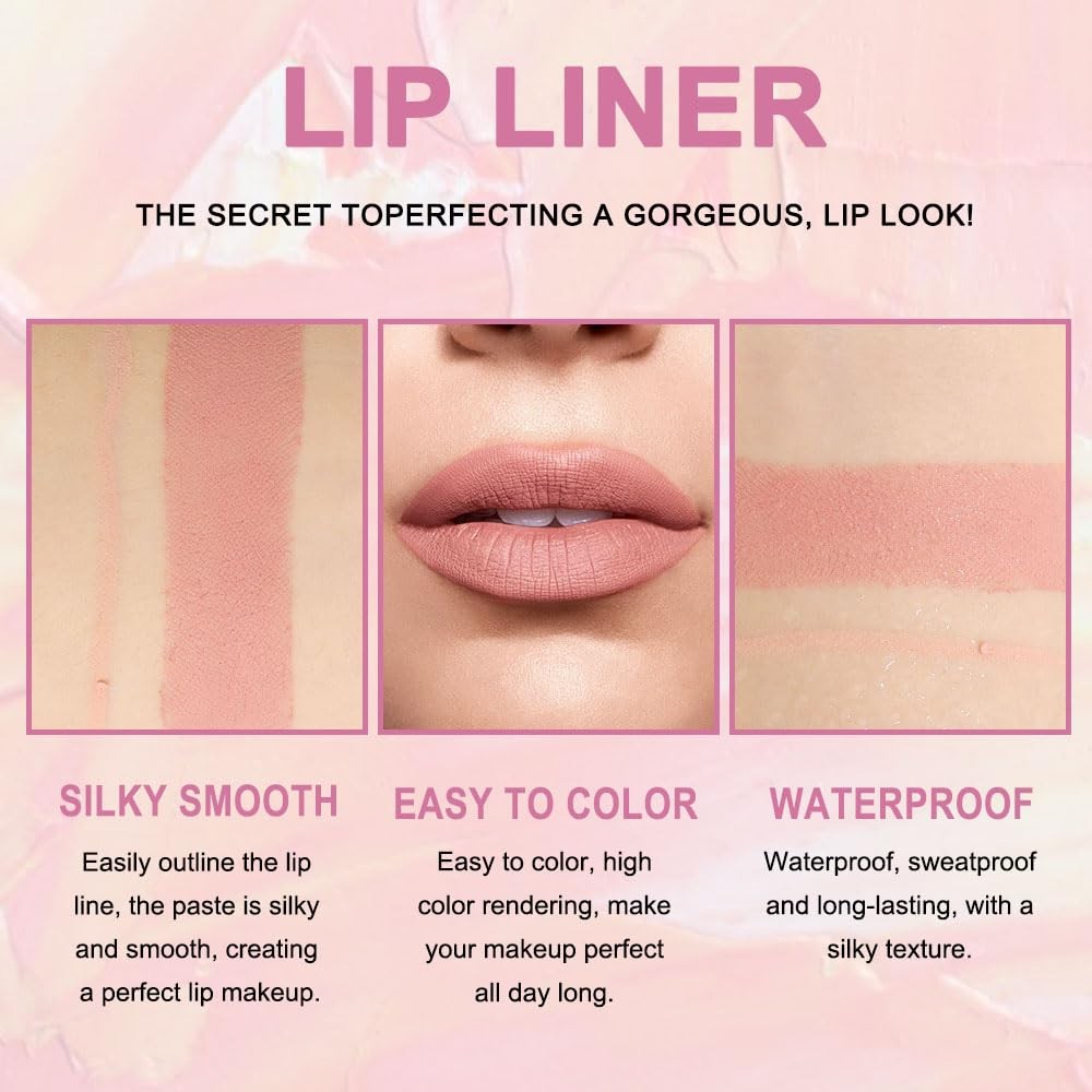 Peach Lip Liner & Lipstick Set Kit - Waterproof, Matte Finish, Retractable Pencil