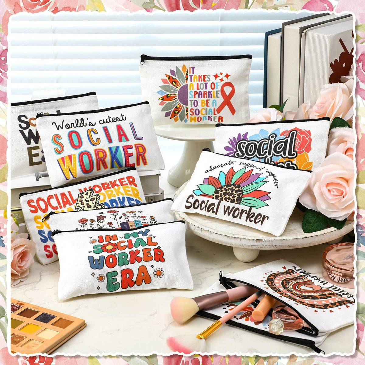 Social Worker Appreciation Gift Set - 10 Makeup & Travel Pouch Bags for Women
