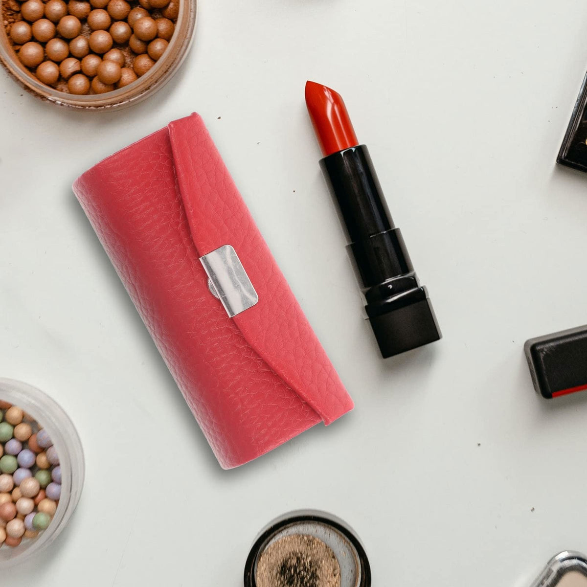 Leather Lipstick Case with Mirror - Travel Cosmetic Organizer for Women