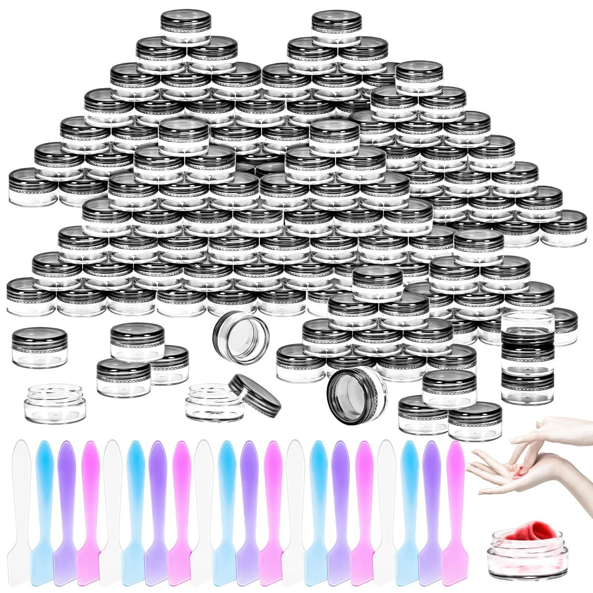 100pcs 5g Reusable Plastic Cosmetic Sample Containers with Black Lids