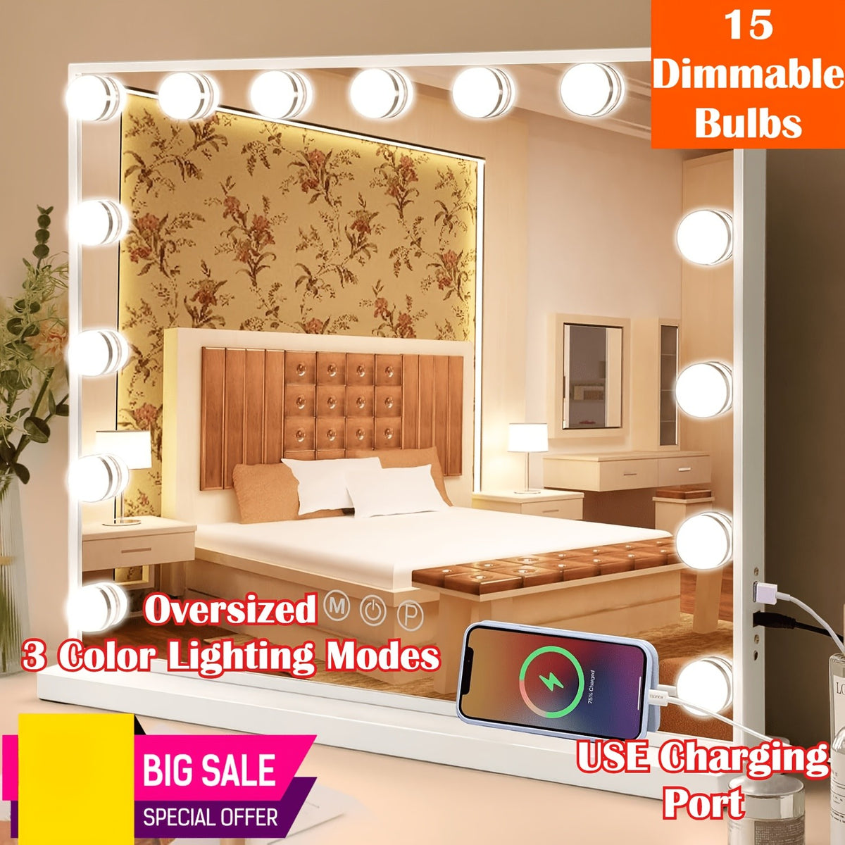 Dimmable LED Hollywood Vanity Mirror with 3 Light Modes & USB Charging