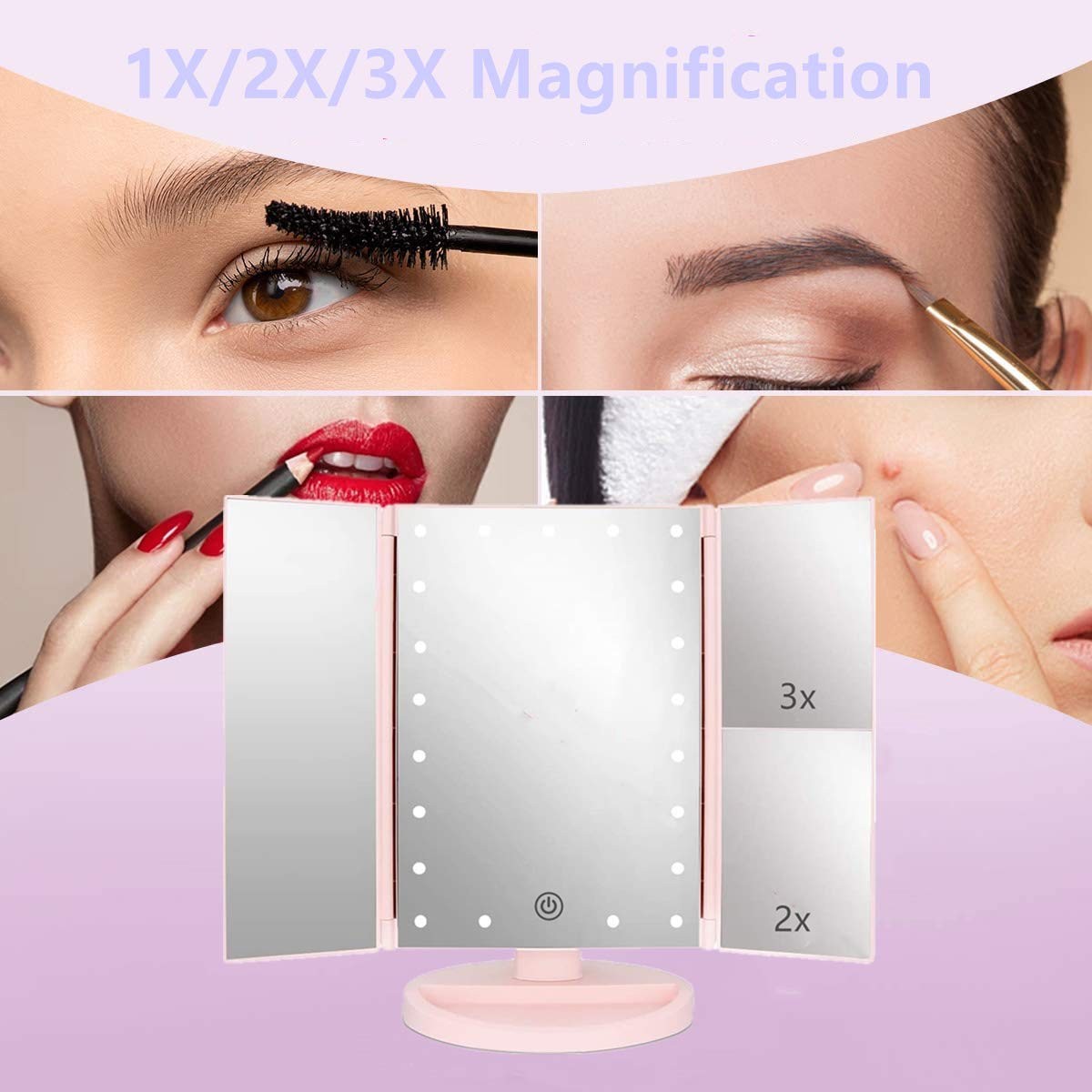 Tri-Fold Lighted Vanity Mirror with 3X/2X Magnification, 21 LEDs, Touch