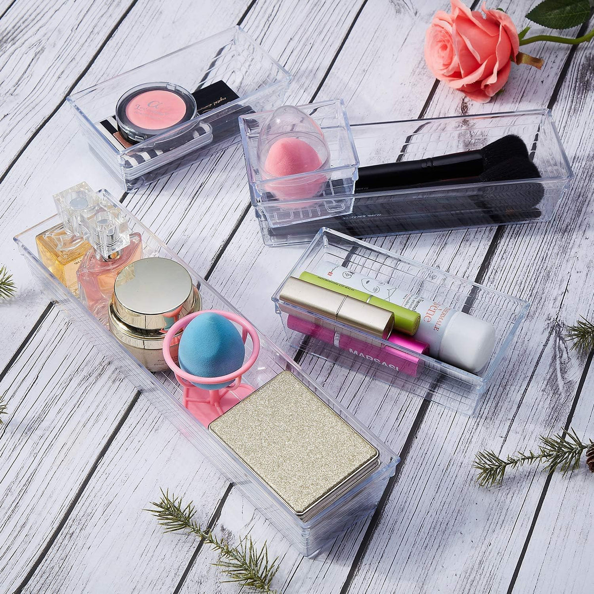 14-Piece Transparent Plastic Drawer Organizer Set for Makeup and Kitchen Utensils