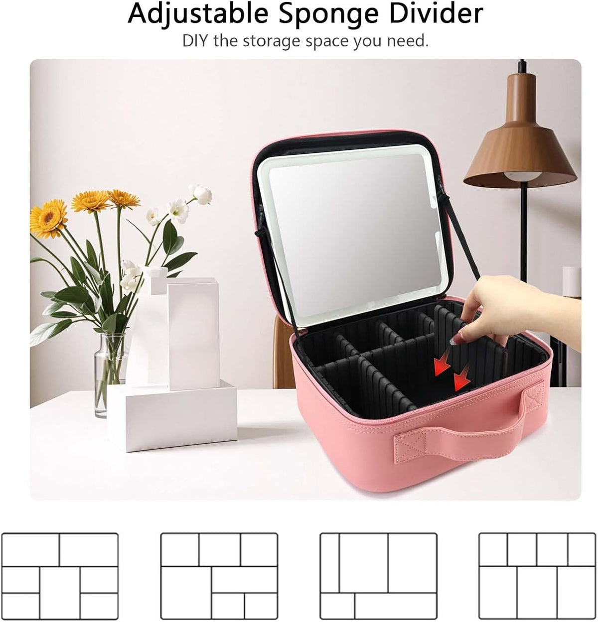 Travel Makeup Bag with LED Mirror and Adjustable Dividers, Waterproof