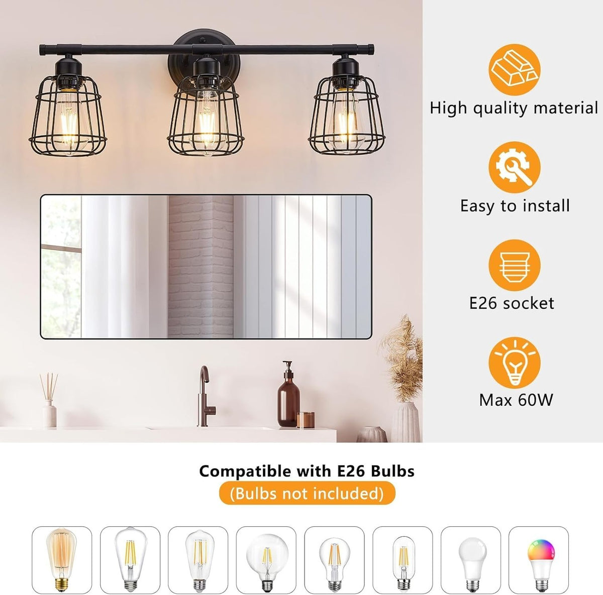 3-Light Matte Black Bathroom Vanity Light Fixture with Cage - Farmhouse Wall Sconce