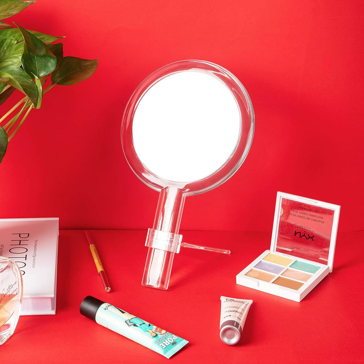 Double-Sided Hand Makeup Mirror with Stand 1x/10x Magnification Portable