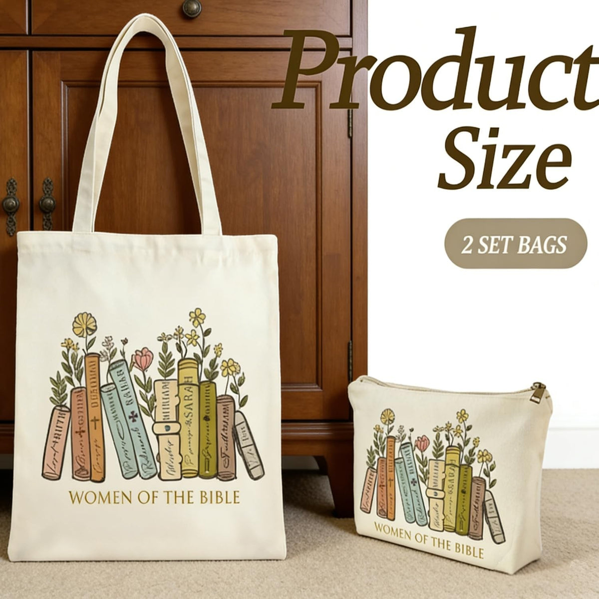 Large Canvas Tote and Makeup Bag Set with Bible Verse Inspirational Design