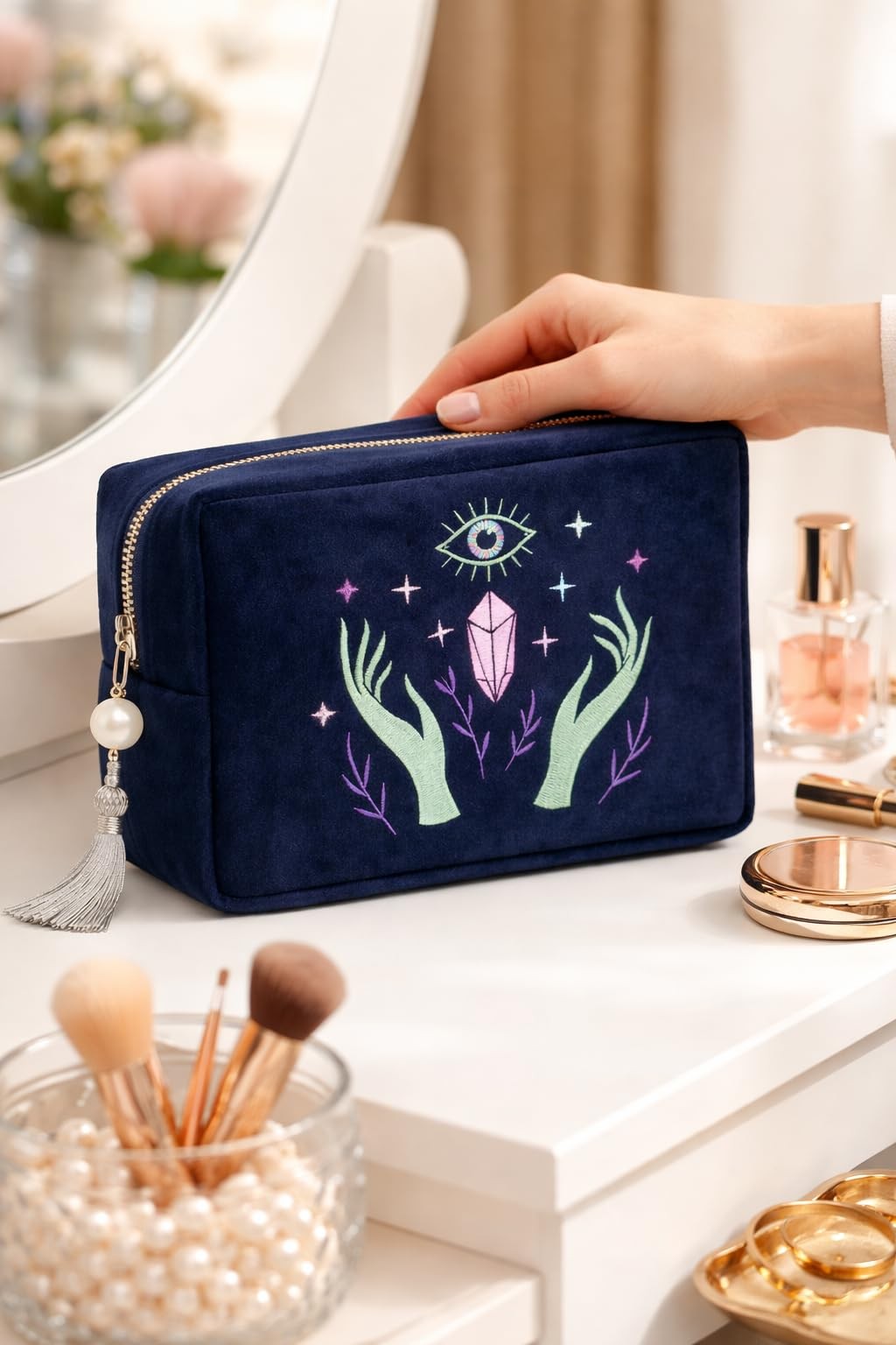 Velvet Tarot Card & Crystal Pouch with Embroidery, Zipper Closure, Gift Idea