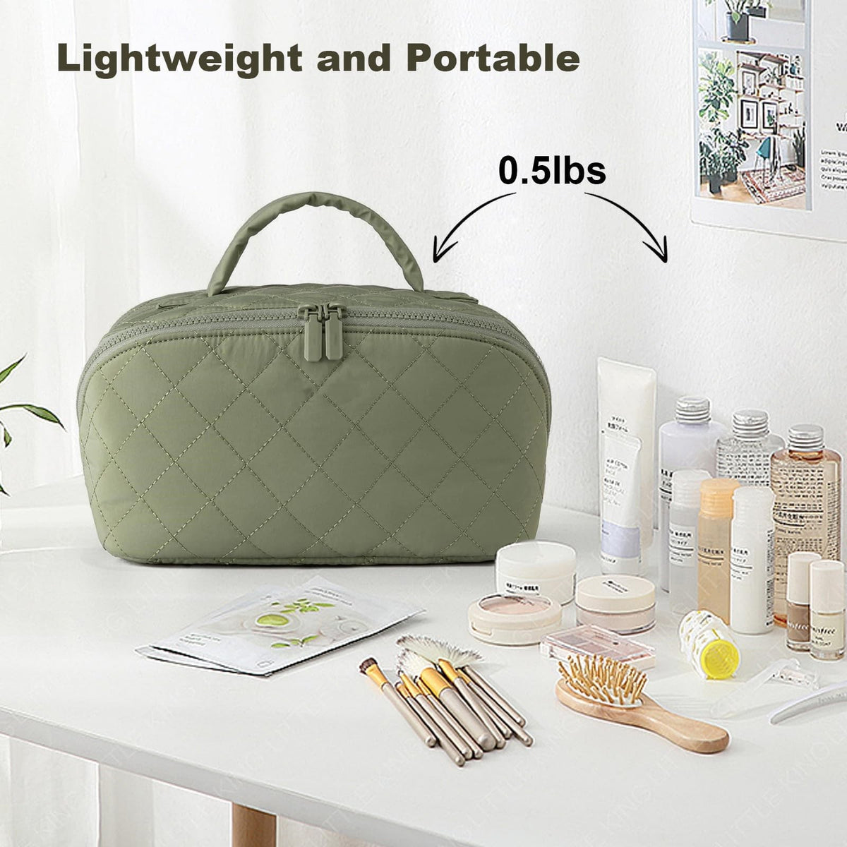 Travel Makeup Bag with 180° Flat Opening and Waterproof TPU - Green