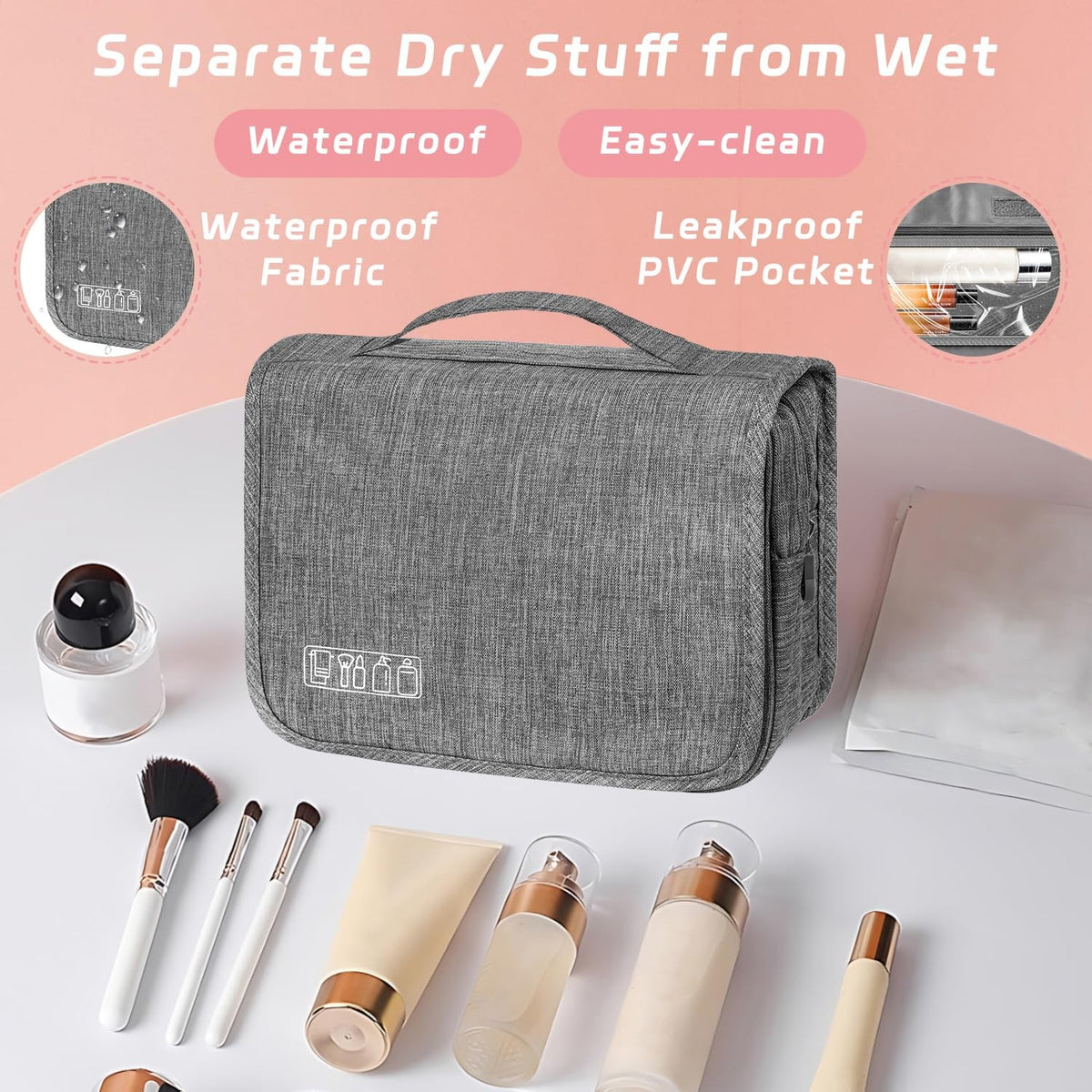 Waterproof Hanging Toiletry Bag - Travel Cosmetic Organizer, Grey, Small