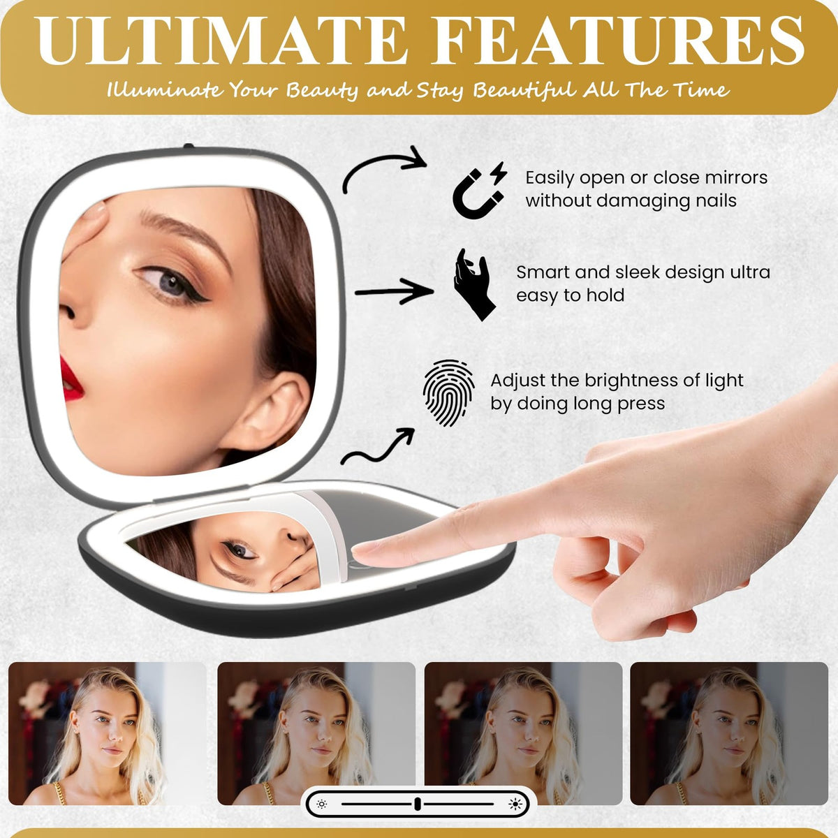 LED Compact Mirror 3.9 Inch with 1X/10X Magnification Dimmable USB Light