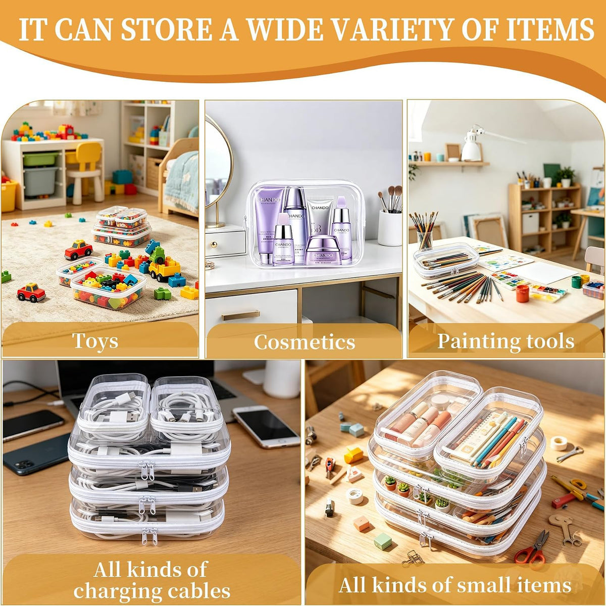 5-Pack Clear Hard Shell Zipper Cases with Lids - Large & Small Storage Pouches