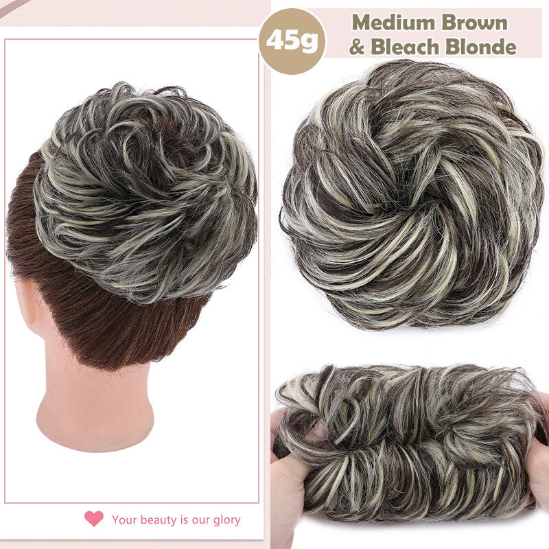 Natural Human Hair Messy Bun Ponytail Extensions with Curly Scrunchie Updo