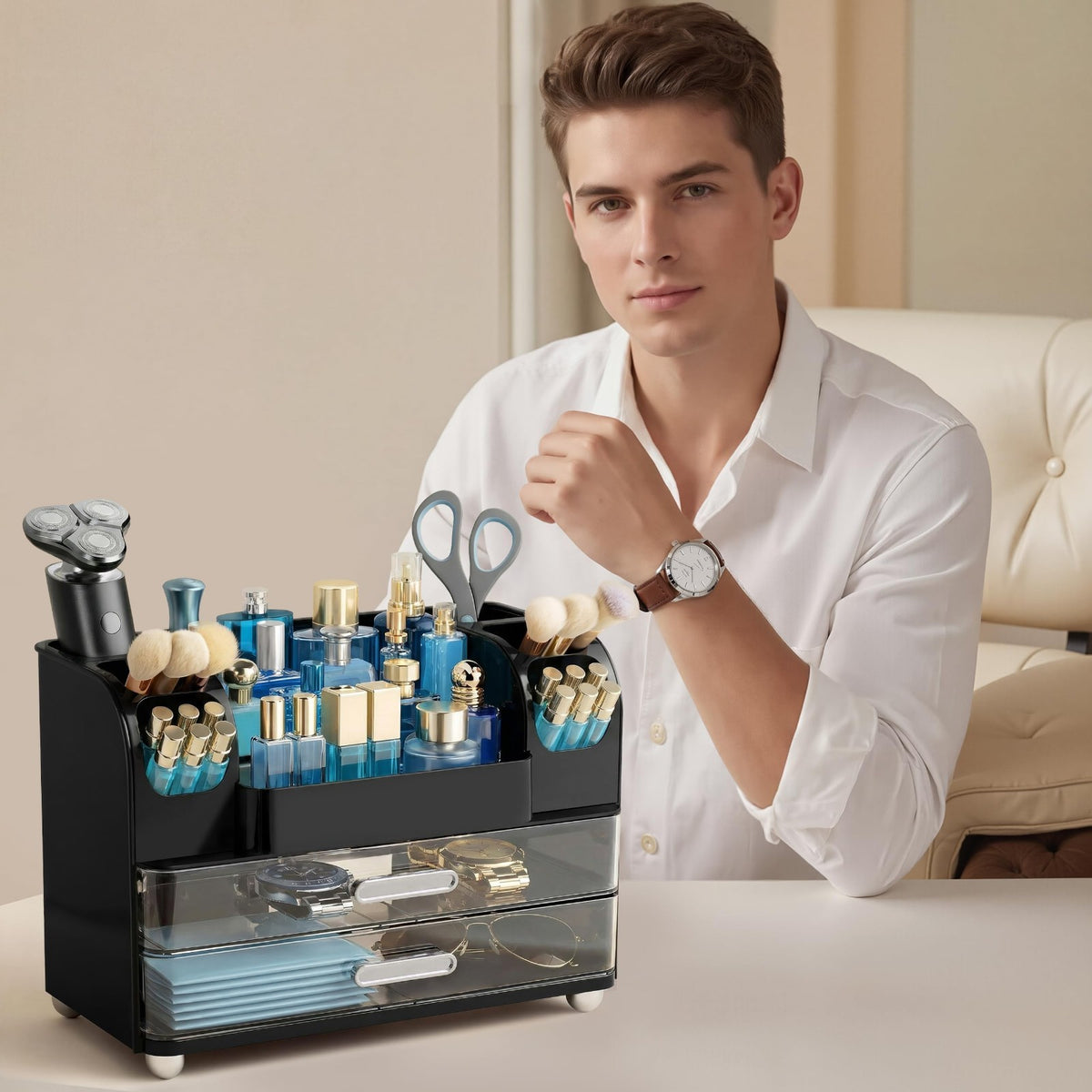 Makeup Organizer with Brush and Cosmetic Storage for Vanity and Bathroom