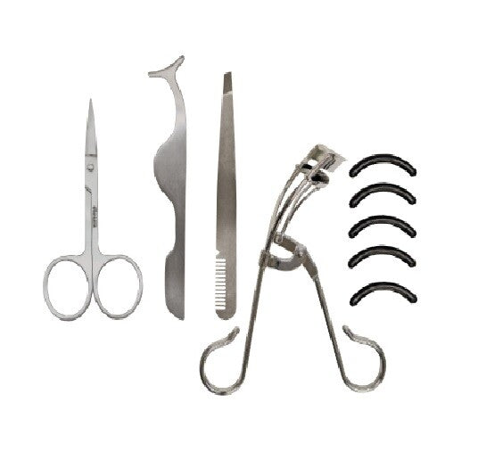 4-Piece Eyelash Application Kit with Scissors, Dual-Tip Tweezer, Lash Curler & 5 Replacement Pads